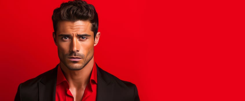 Portrait of an elegant sexy handsome serious Latino man with perfect skin, on a red background. Advertising of cosmetic products, spa treatments shampoos and hair care products, dentistry and medicine, perfumes and cosmetology for men