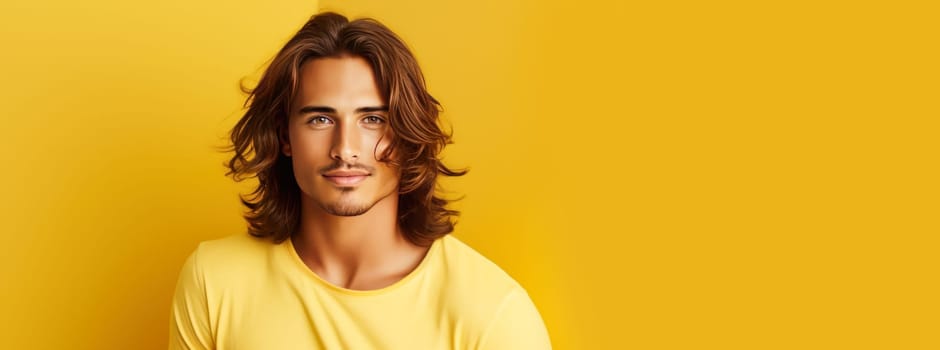 Portrait of an elegant sexy smiling Latino man with perfect skin and long hair, on a yellow background. Advertising of cosmetic products, spa treatments shampoos and hair care products, dentistry and medicine, perfumes and cosmetology for men