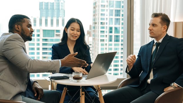 Ornamented office overlooking city skyline, diversity corporate professional discuss ambitious business expansion or strategic marketing. Financial advisor give consulting business insights and idea