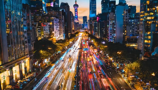 Dynamic nightfall city scene with long exposure traffic lights and urban glow,, rush hour commuting time, sunset, blurry cityscape, bokeh effect, AI generated