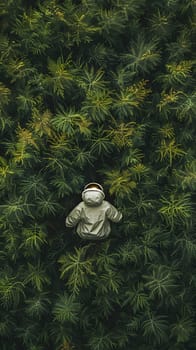 A masked individual sits surrounded by terrestrial plants, evergreens, conifers, and grass in the middle of a forest, creating a surreal art scene in the woodsy landscape