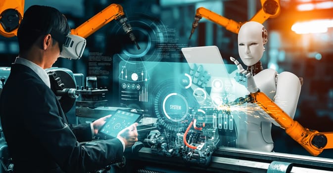 XAI Mechanized industry robot and human worker working together in future factory. Concept of artificial intelligence for industrial revolution and automation manufacturing process.