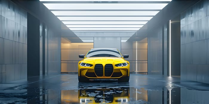 A yellow vehicle with sleek automotive design is parked in the garage. The cars hood, bumper, and tires shine under the bright light fixtures
