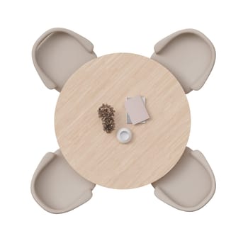Overhead view of dining set with a wooden table and beige chairs. Round table isolated on white background. Cut out furniture. Top view. Flat lay, floor plan elements. 3D rendering