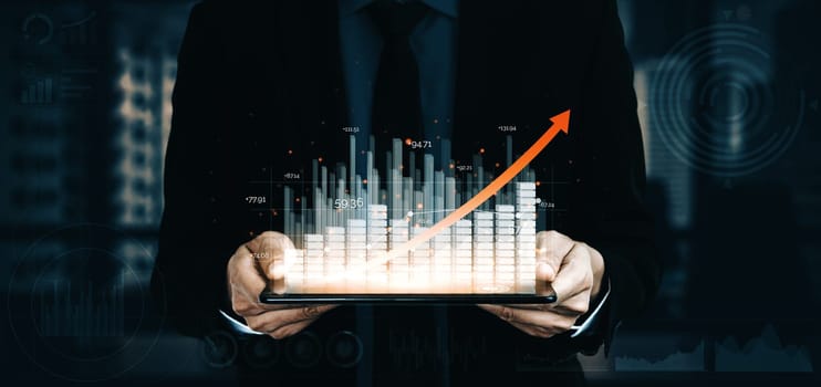 Double Exposure Image of Business and Finance - Businessman with report chart up forward to financial profit growth of stock market investment. uds