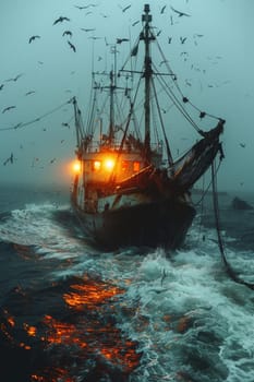 Fishing in the North Sea. Fishing boat with fishermen on the high seas.