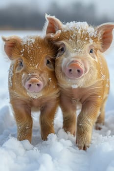 Two little pigs in winter nature.