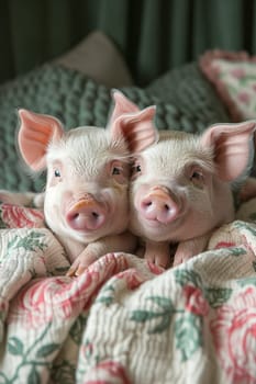 Two little pigs are lying in bed at home.