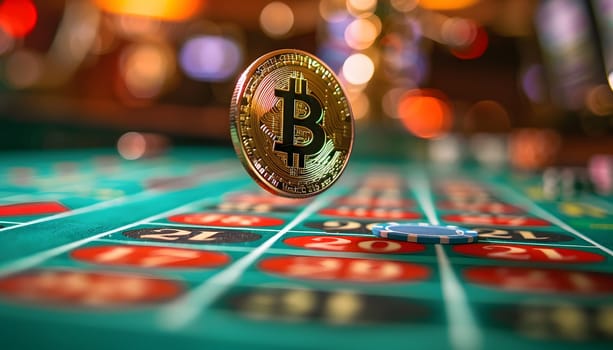 An electric blue bitcoin coin adds colorfulness to the roulette table, creating a circle of entertainment in the midst of indoor games and sports