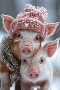 Two little pigs in winter nature.