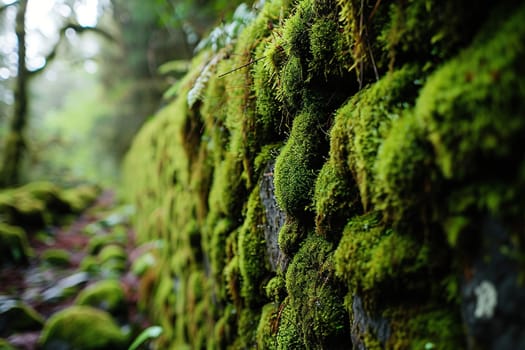 Close-up of moss on a wall in the forest.