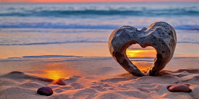 A heart-shaped stone rests on the sandy shore, surrounded by the serene beauty of a beach at sunset.