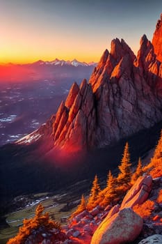 Mountain Majesty. Rugged beauty of a mountain peak at sunset, focusing on the intricate details of rocks and vegetation bathed in the warm, golden light of the fading day.