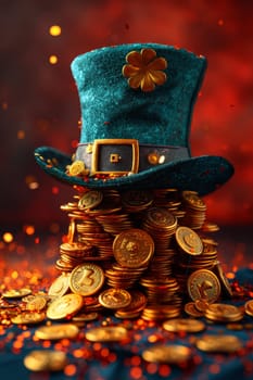 A green Leprechaun hat and gold coins stand out lying on the surface. St. Patrick's Day.