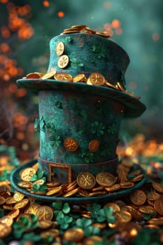 A green Leprechaun hat and gold coins stand out lying on the surface. St. Patrick's Day.