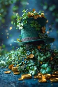 A green Leprechaun hat and gold coins stand out lying on the surface. St. Patrick's Day.