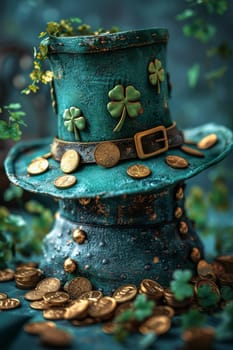 A green Leprechaun hat and gold coins stand out lying on the surface. St. Patrick's Day.