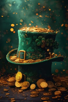 A green Leprechaun hat and gold coins stand out lying on the surface. St. Patrick's Day.