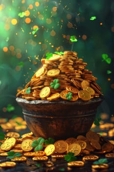 A green Leprechaun hat and gold coins stand out lying on the surface. St. Patrick's Day.