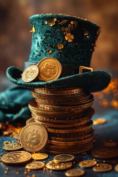 A green Leprechaun hat and gold coins stand out lying on the surface. St. Patrick's Day.