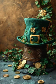 A green Leprechaun hat and gold coins stand out lying on the surface. St. Patrick's Day.