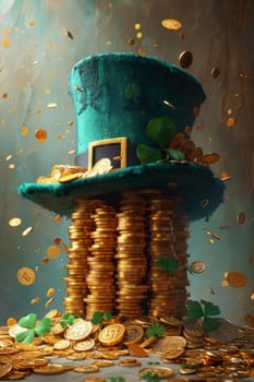 A green Leprechaun hat and gold coins stand out lying on the surface. St. Patrick's Day.