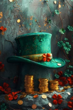 A green Leprechaun hat and gold coins stand out lying on the surface. St. Patrick's Day.