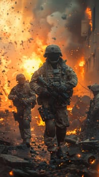 Armed soldiers on the battlefield. Everything explodes and drones fly around. Military actions.