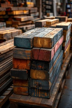 Stacks of wooden planks at the sawmill. A warehouse for storing boards at a sawmill . Lumber in stock.