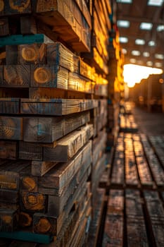 Stacks of wooden planks at the sawmill. A warehouse for storing boards at a sawmill . Lumber in stock.