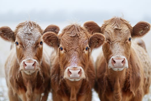 Three cows outside in winter.