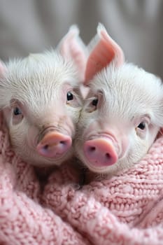 Two little pigs are lying in bed at home.