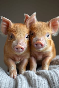 Two little pigs are lying in bed at home.