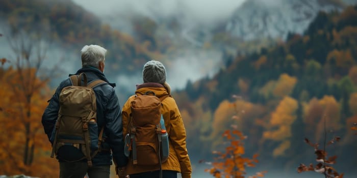 friends travel in the mountains with backpacks. High quality photo