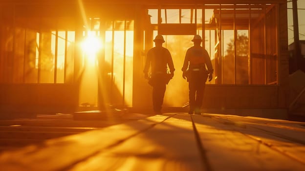 Two men dressed in shirts, orange work vests and helmets explore construction documentation on the building site near the wooden building constructions. High quality photo