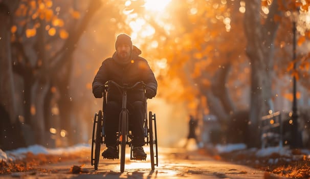 Concept of disability and old age. Silhouette of disabled person in a wheelchair on the sunset background. High quality photo