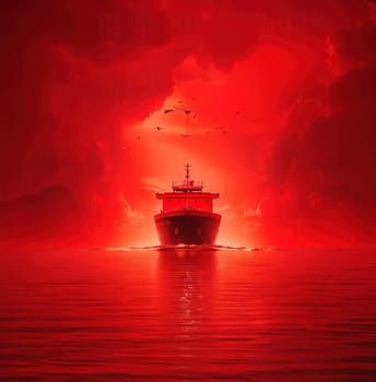 whaling ship sailing in the fog in red lighting, 3d illustration