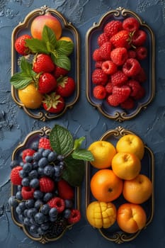 A set of labels for fruits and berries on a blue background. Labels with drawings of fruits. A template for your product. Illustration.