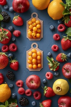 A set of labels for fruits and berries on a blue background. Labels with drawings of fruits. A template for your product. Illustration.