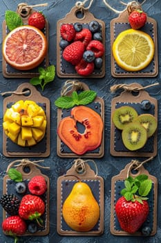 A set of labels for fruits and berries on a blue background. Labels with drawings of fruits. A template for your product. Illustration.