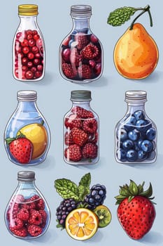 A set of labels for fruits and berries on a blue background. Labels with drawings of fruits. A template for your product. Illustration.