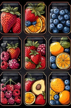 A set of labels for fruits and berries on a black background. Labels with drawings of fruits. A template for your product. Illustration.