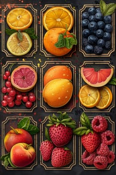A set of labels for fruits and berries on a black background. Labels with drawings of fruits. A template for your product. Illustration.