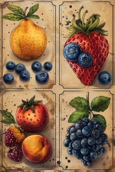 A set of labels for fruits and berries on a beige background. Labels with drawings of fruits. A template for your product. Illustration.