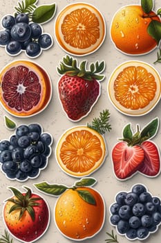 A set of labels for fruits and berries on a beige background. Labels with drawings of fruits. A template for your product. Illustration.