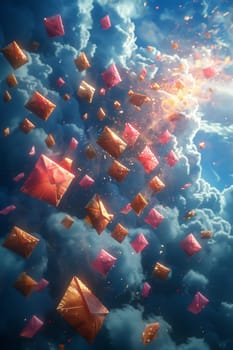 Postal envelopes flying across the sky. 3d illustration.