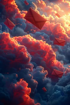 Postal envelopes flying across the sky. 3d illustration.