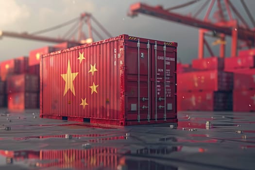 Freight shipping container with flag of china on crane hook - 3D illustration. High quality photo