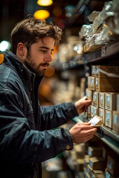 A man is looking for a parcel on the shelf to be sent. The concept of delivery.