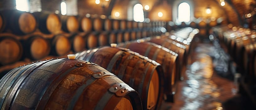 Vintage Winemaking Cellar with Barrels in Soft Focus, The shadowy outlines of wine barrels suggest tradition and the aging of fine wines.